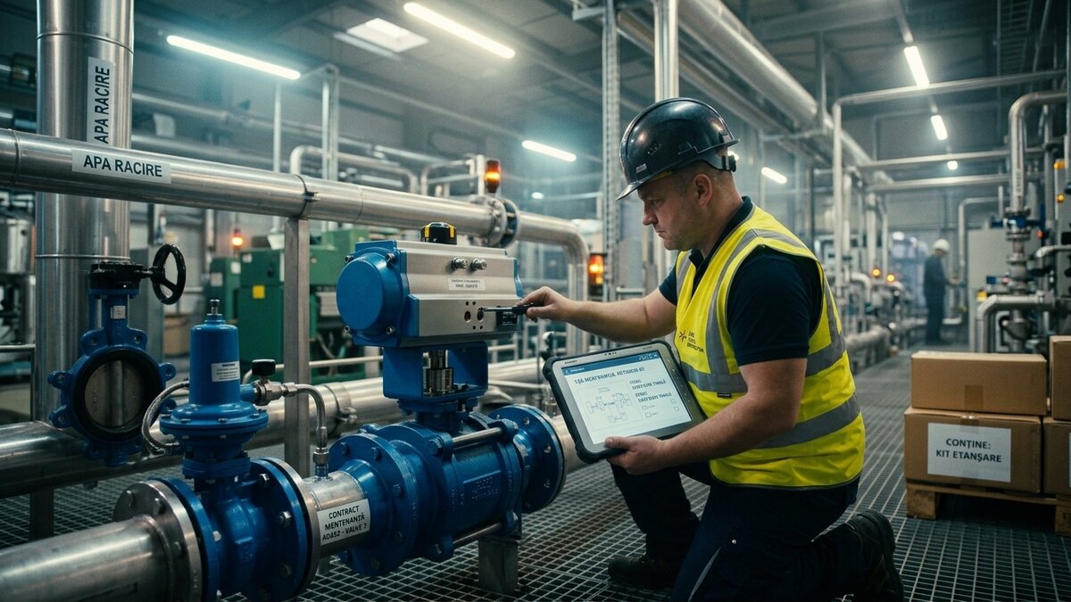 Tehnician cu tabletă verifică un actuator montat pe un robinet, într-o cameră tehnică cu armături industriale